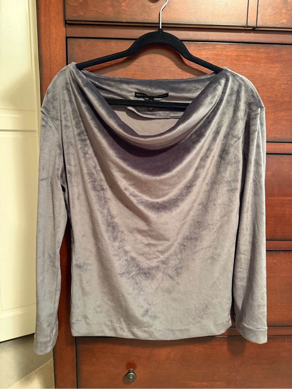 White House Black Market Gray Velvet Cowl Neck Long Sleeve Top